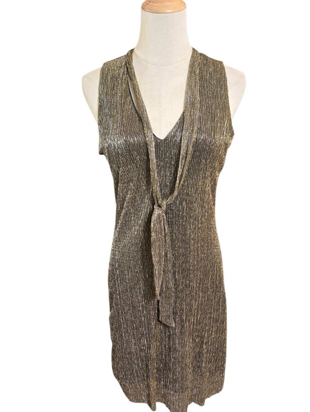 IZ Byer Y2K Metallic Sleeveless Gold And Silver Tie-Detail Mini Dress -